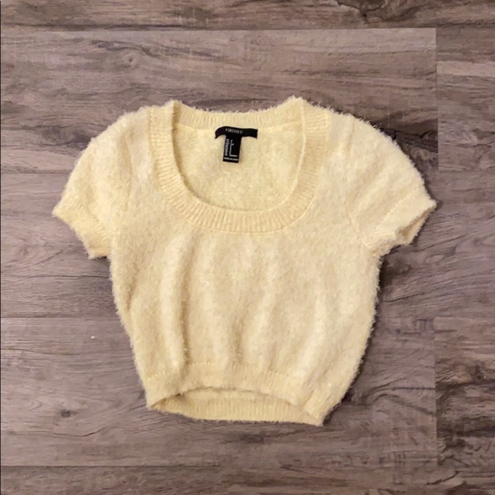 Yellow fuzzy crop top